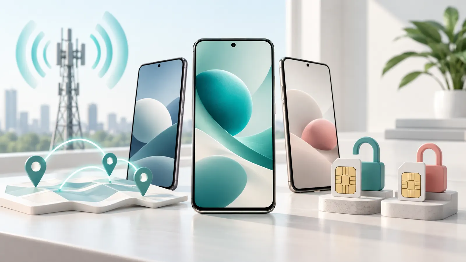 Concept illustration of smartphones with SIM cards, padlock symbols and a cell tower.