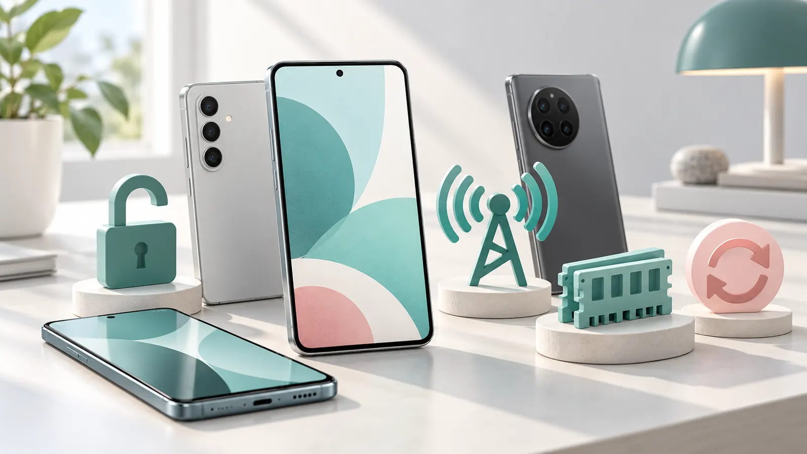 Concept illustration of unbranded modern Android-style smartphones on a clean desk.