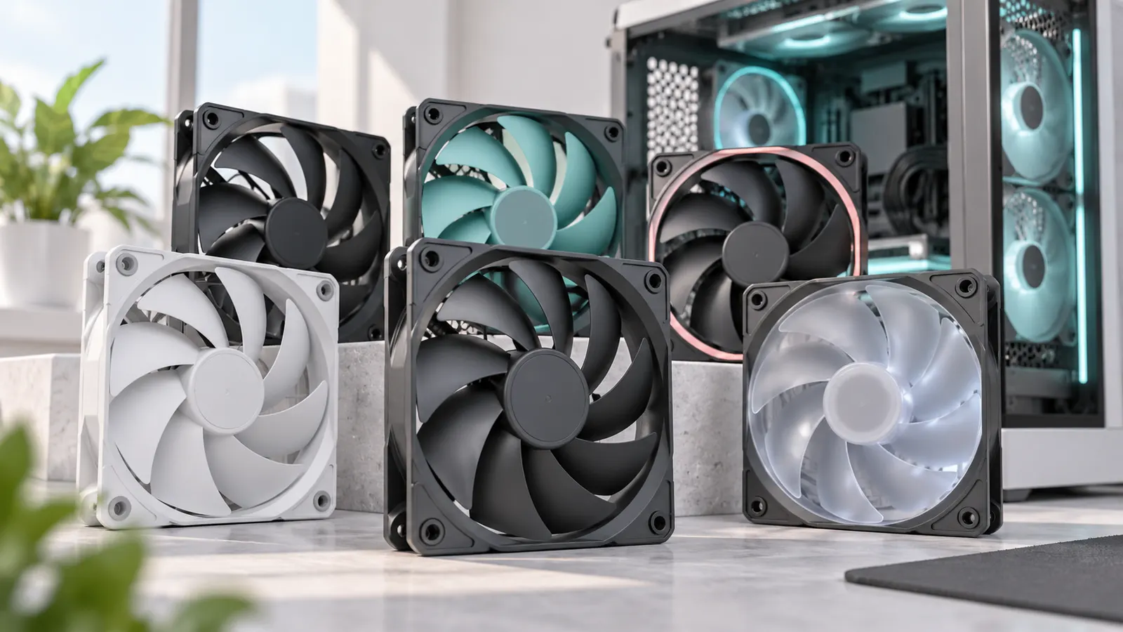 Concept illustration of computer case fans arranged beside a desktop PC tower.