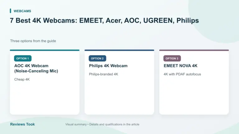 Comparison of three options: AOC 4K Webcam (Noise-Canceling Mic); Philips 4K Webcam; EMEET NOVA 4K.