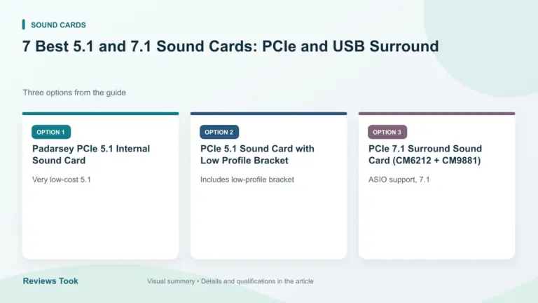 Comparison of three options: Padarsey PCIe 5.1 Internal Sound Card; PCIe 5.1 Sound Card with Low Profile Bracket; PCIe 7.1 Surround Sound Card (CM6212 + CM9881).