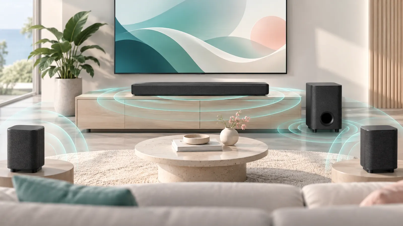 Concept illustration of a soundbar, subwoofer and two rear speakers in a surround-sound layout.