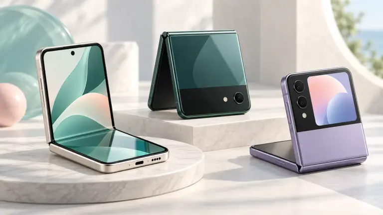 Concept illustration of unbranded folding flip phones shown open and closed.