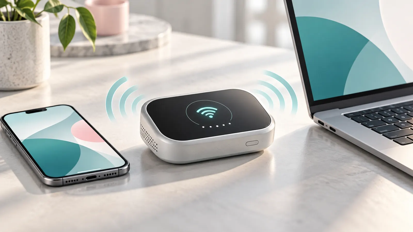 Concept illustration of a portable mobile hotspot beside a smartphone and laptop.