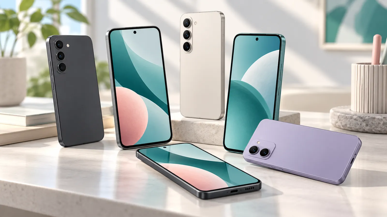 Concept illustration of unbranded modern Android-style smartphones on a clean desk.