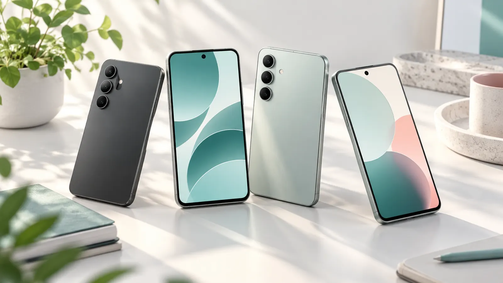 Concept illustration of unbranded modern Android-style smartphones on a clean desk.