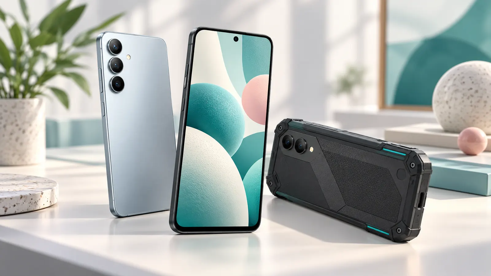 Concept illustration of unbranded modern Android-style smartphones on a clean desk.