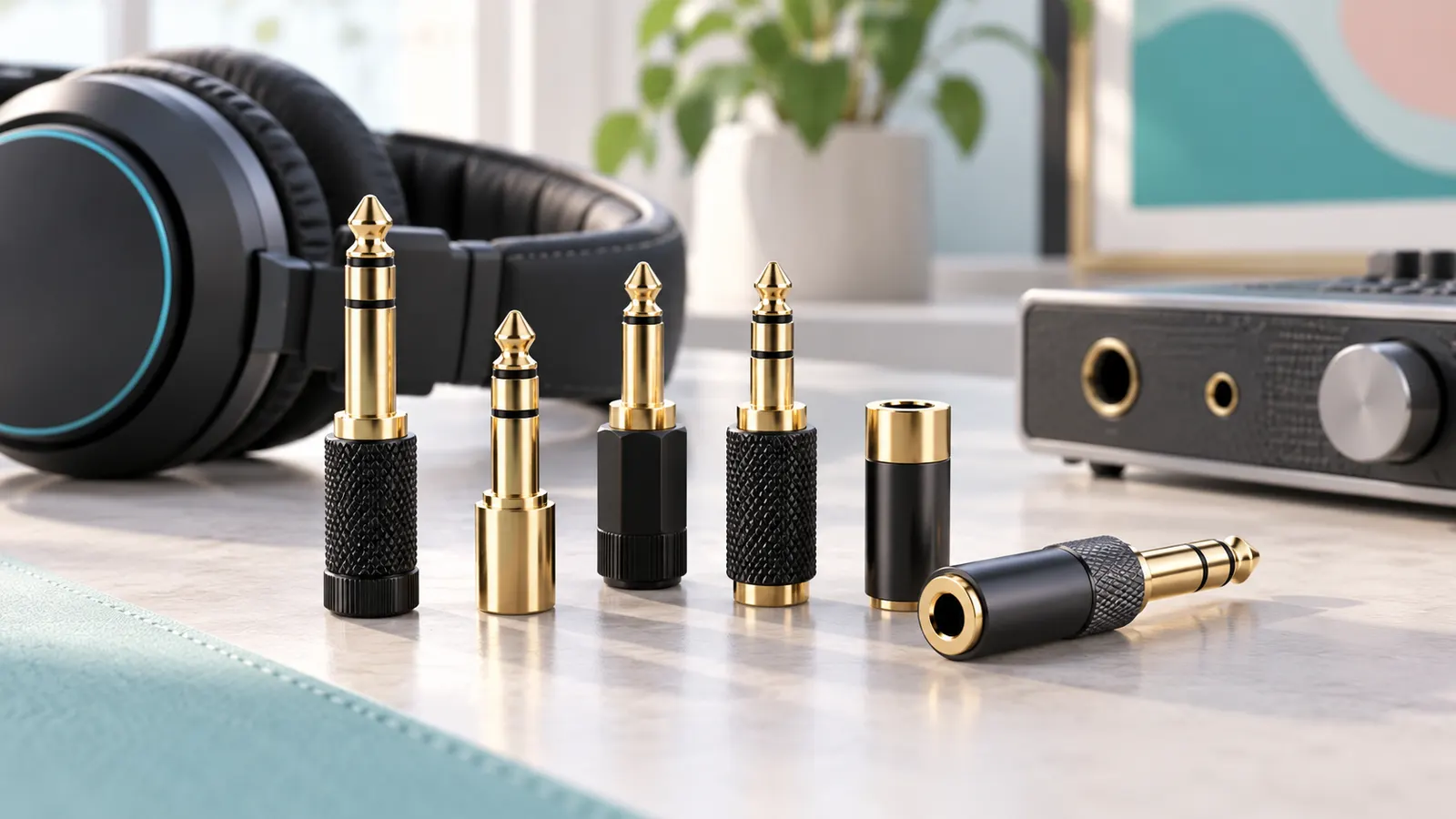 Concept illustration of headphone plug adapters beside over-ear headphones and an amplifier.