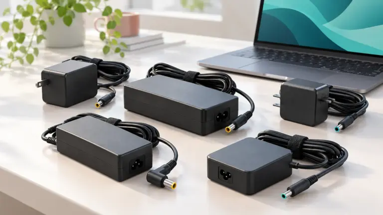 Concept illustration of several notebook power adapters with barrel charging connectors beside a laptop.