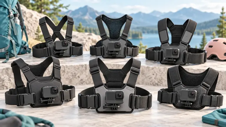Concept illustration of action camera chest harness mounts arranged outdoors.
