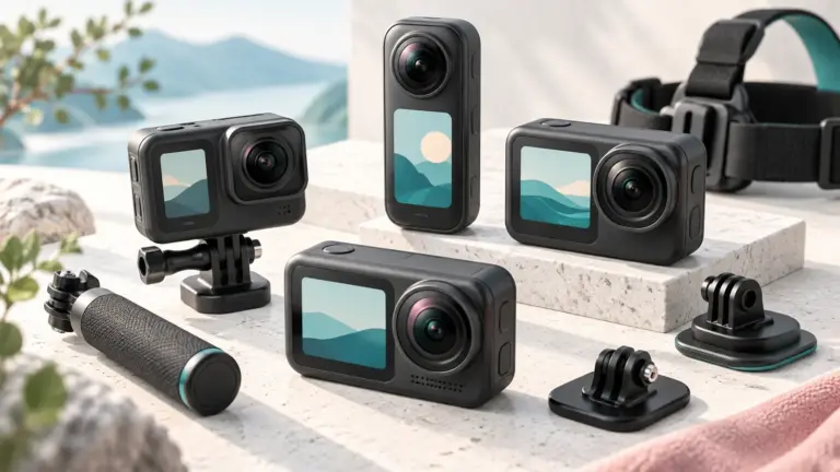Concept illustration of compact action cameras with a handgrip and mounting accessories.