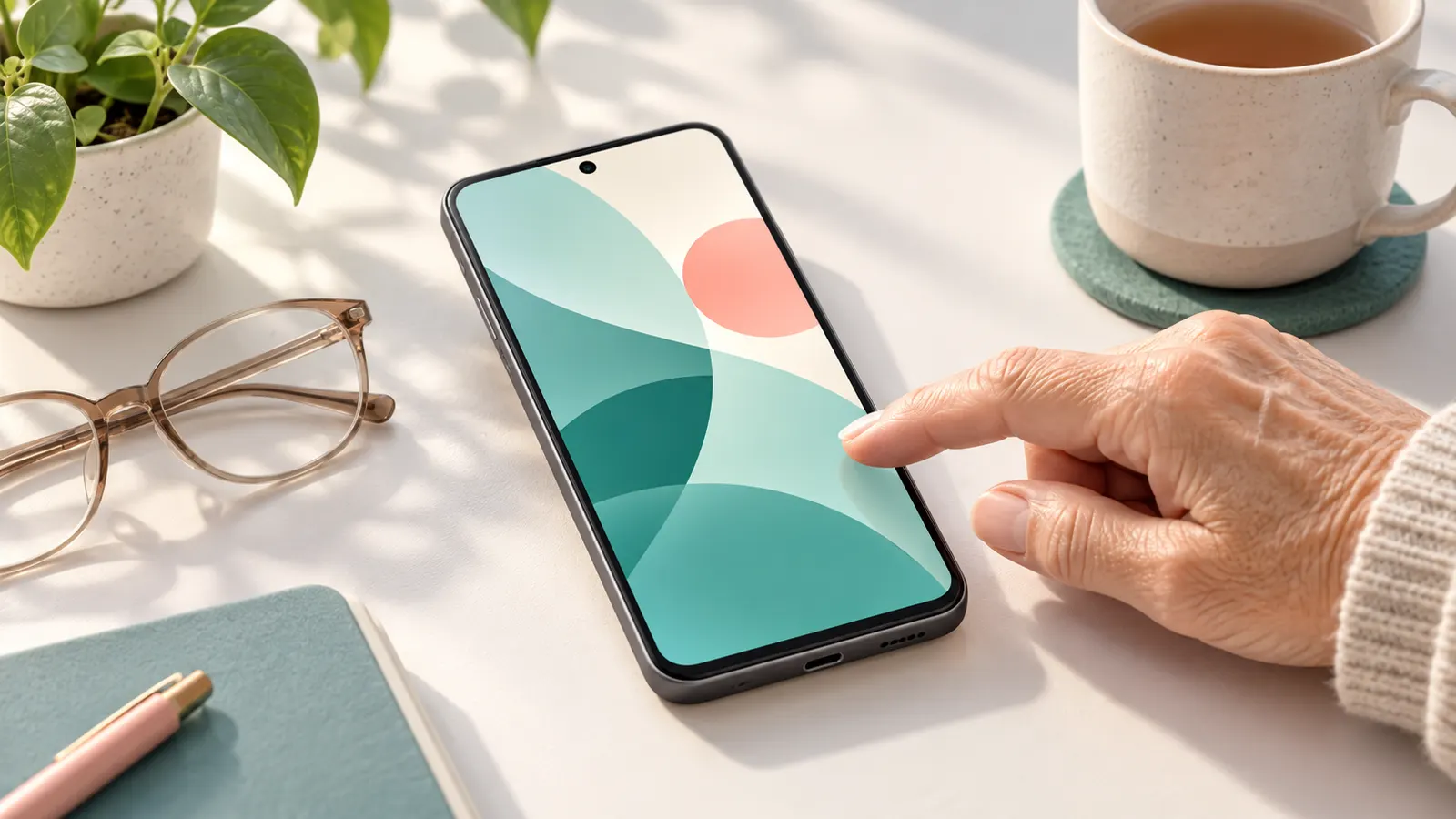 Concept illustration of a hand using a smartphone on a desk beside reading glasses.