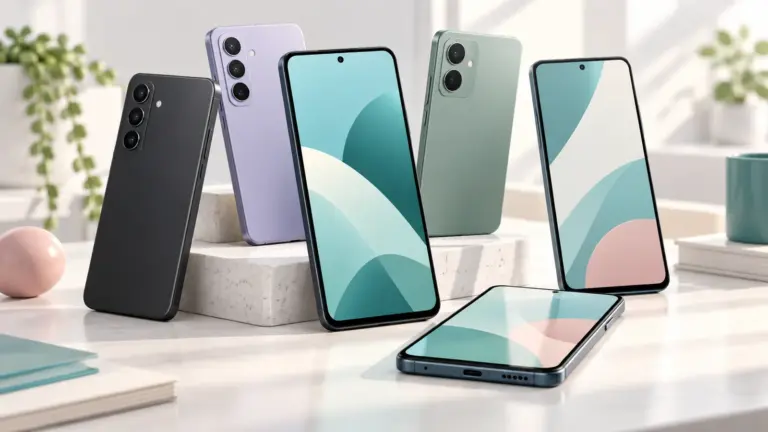 Concept illustration of unbranded modern Android-style smartphones on a clean desk.