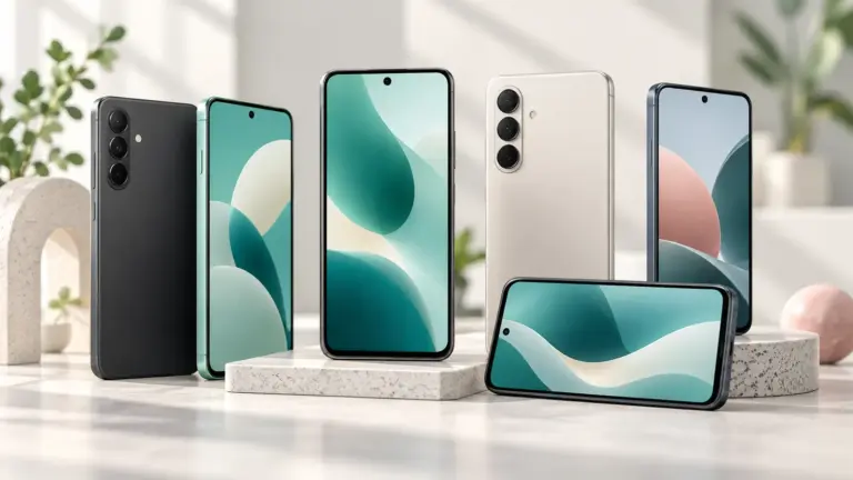 Concept illustration of unbranded modern Android-style smartphones on a clean desk.