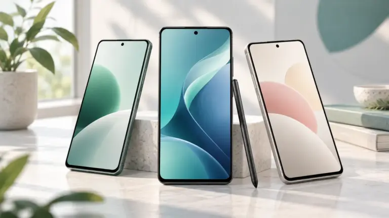 Concept illustration of unbranded modern Android-style smartphones on a clean desk.