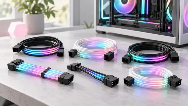 Concept illustration of illuminated extension cables beside a desktop PC tower.