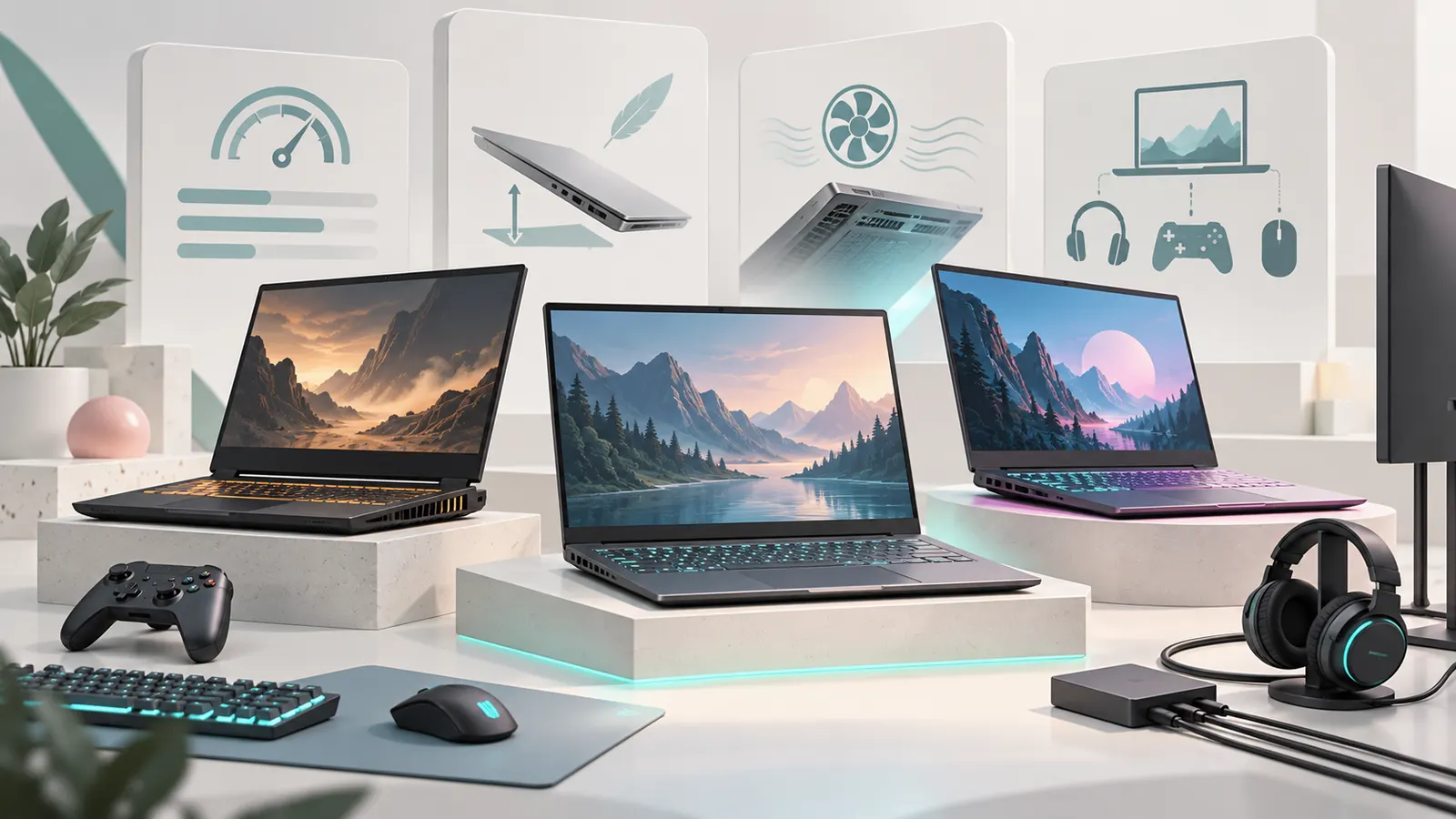 Concept illustration of three generic gaming laptops with cooling and performance symbols.