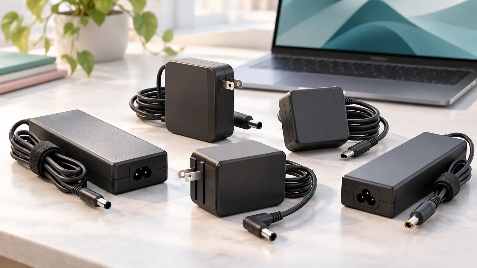 Concept illustration of laptop power adapters and charging cables beside an unbranded notebook computer.
