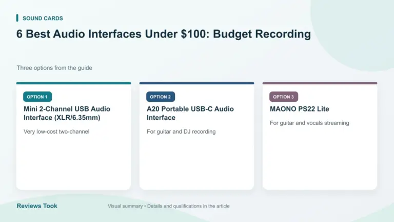 Comparison of three options: Mini 2-Channel USB Audio Interface (XLR/6.35mm); A20 Portable USB-C Audio Interface; MAONO PS22 Lite.
