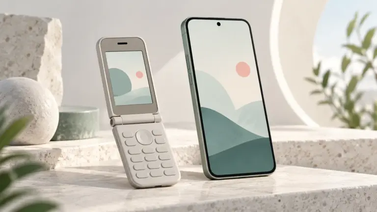 Concept illustration of a simple unbranded phone with a physical keypad beside a minimal smartphone.