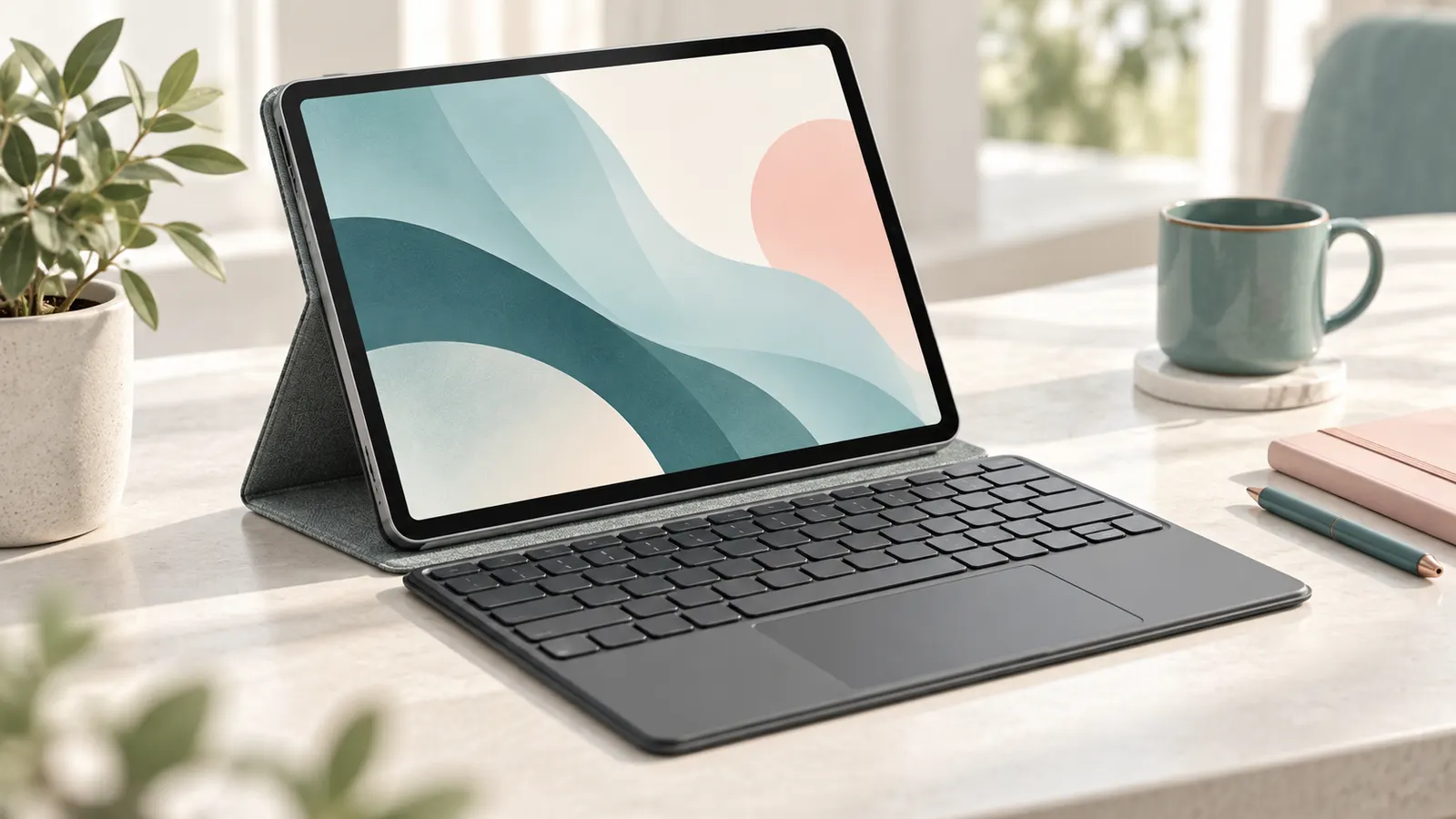 Concept illustration of an unbranded tablet with a detachable keyboard and protective folio case.