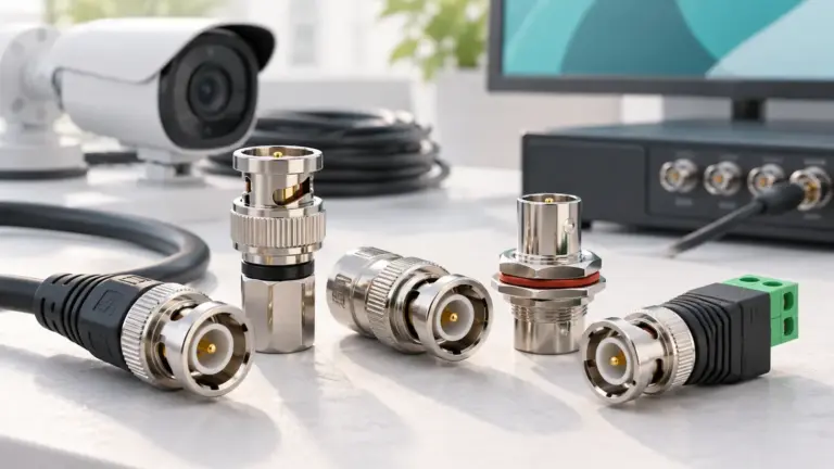 Concept illustration of coaxial BNC connectors beside a security camera and recorder.