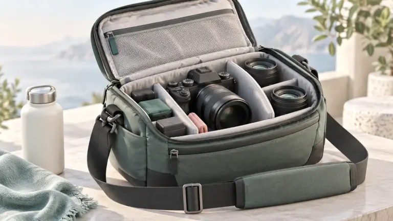 Concept illustration of an open padded camera bag holding a camera and lenses.