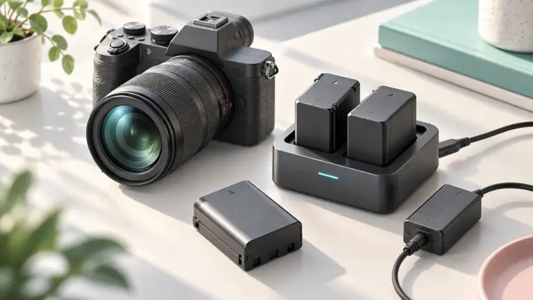 Concept illustration of spare camera batteries, a dual charger and a mirrorless camera.