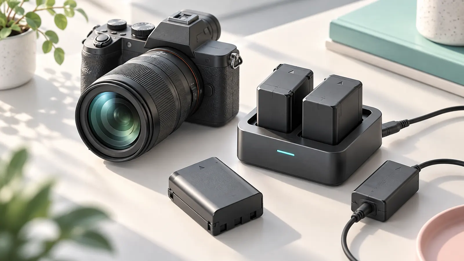 Concept illustration of spare camera batteries, a dual charger and a mirrorless camera.