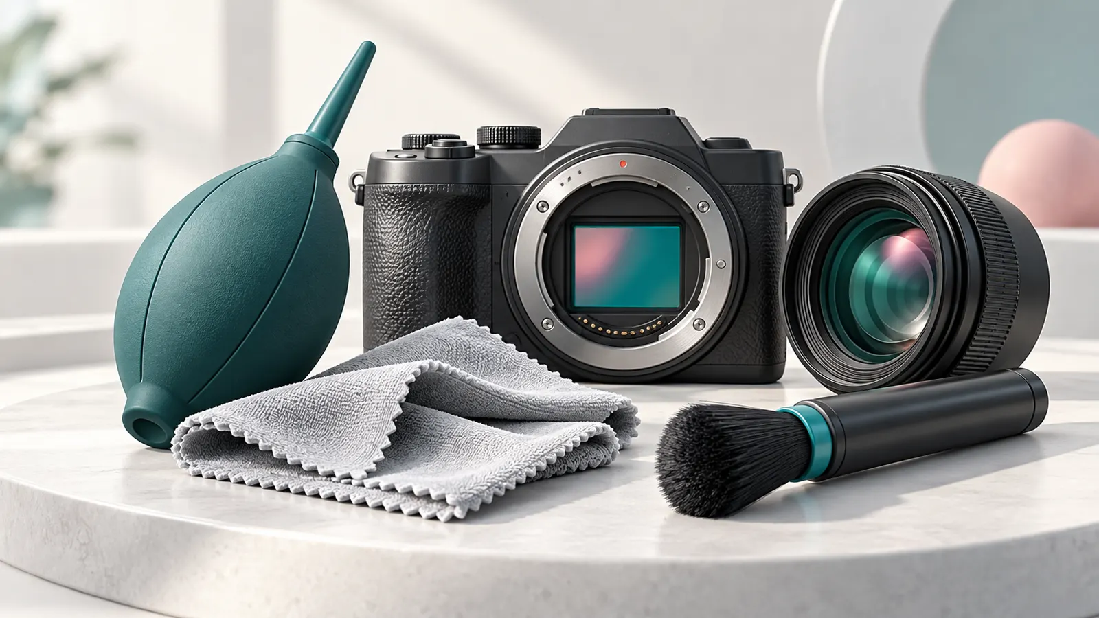 Concept illustration of a camera cleaning kit with an air blower, brush and microfiber cloth.