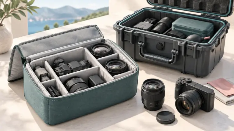 Concept illustration of padded camera inserts and a protective hard case holding camera equipment.
