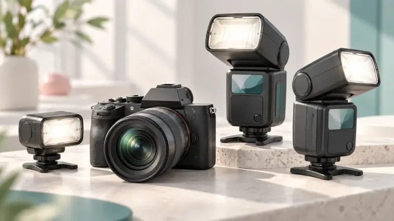 Concept illustration of camera flashes beside a mirrorless camera.