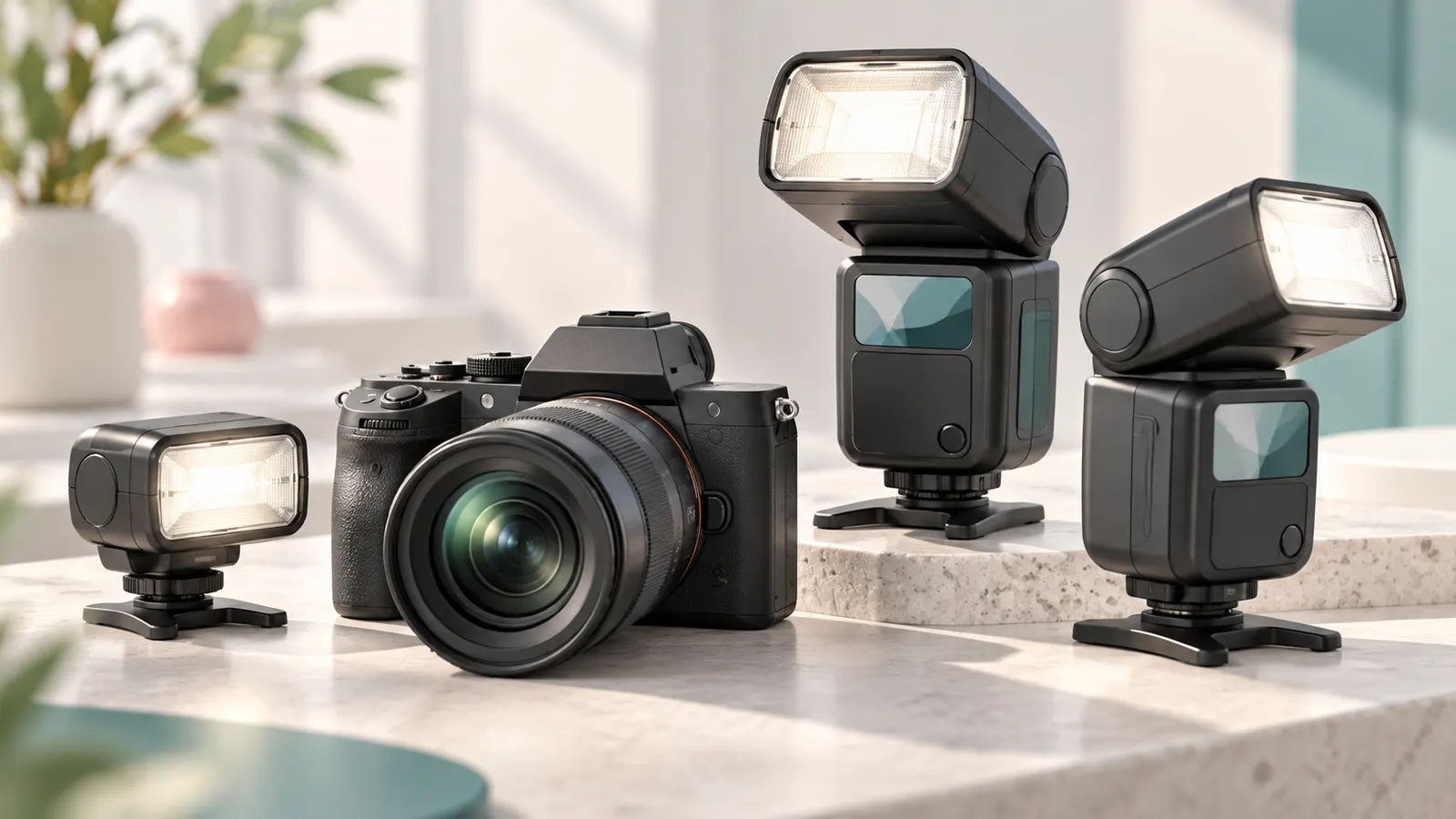 Concept illustration of camera flashes beside a mirrorless camera.