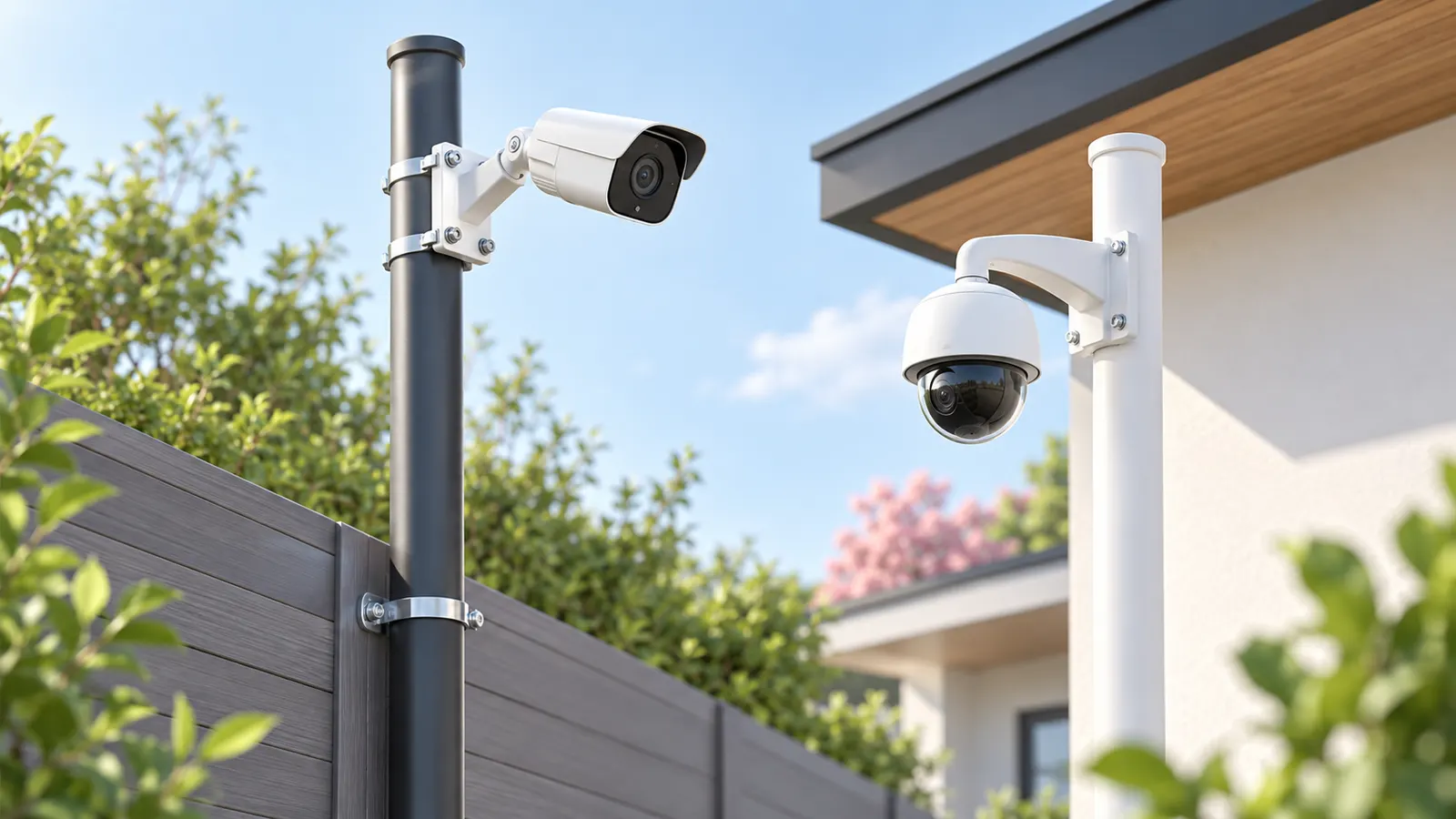 Concept illustration of outdoor security cameras attached to mounting poles beside a home.