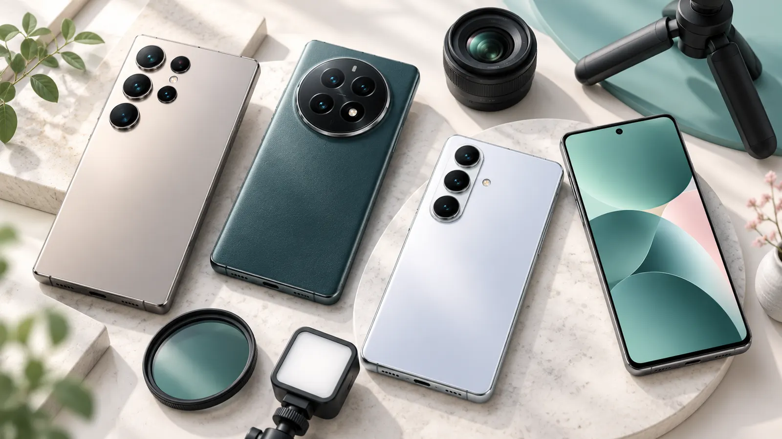 Concept illustration of unbranded smartphones showing their camera lenses beside simple photography accessories.