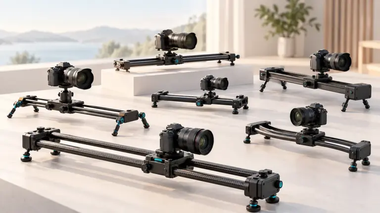 Concept illustration of camera slider rails with compact cameras mounted on sliding carriages.