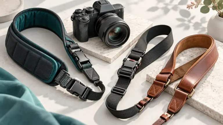 Concept illustration of padded and leather camera straps with a mirrorless camera.
