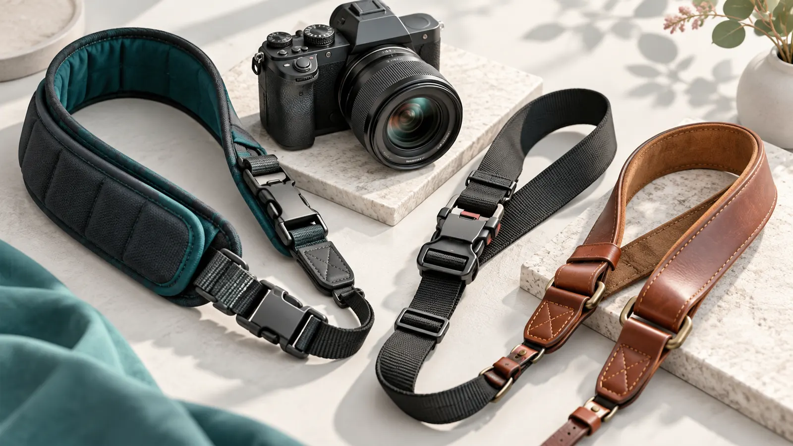 Concept illustration of padded and leather camera straps with a mirrorless camera.