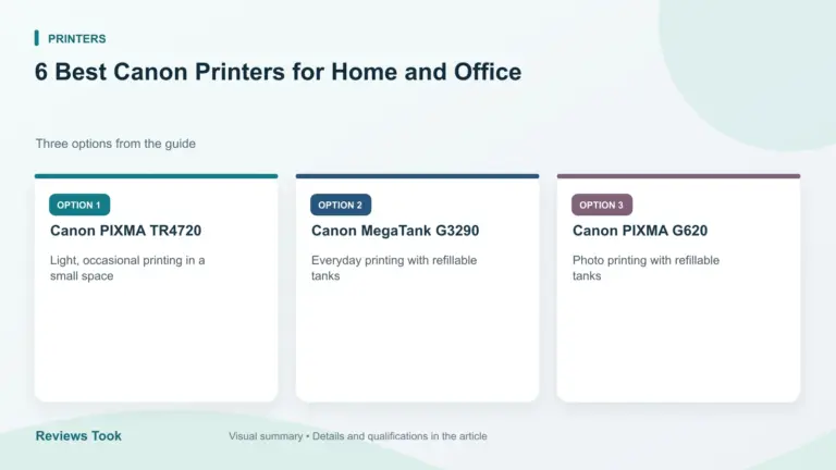 Comparison of three options: Canon PIXMA TR4720; Canon MegaTank G3290; Canon PIXMA G620.