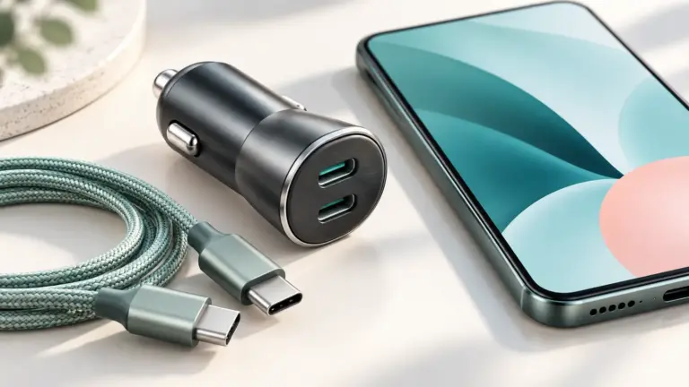 Concept illustration of a compact USB car charger and a charging cable beside a smartphone.