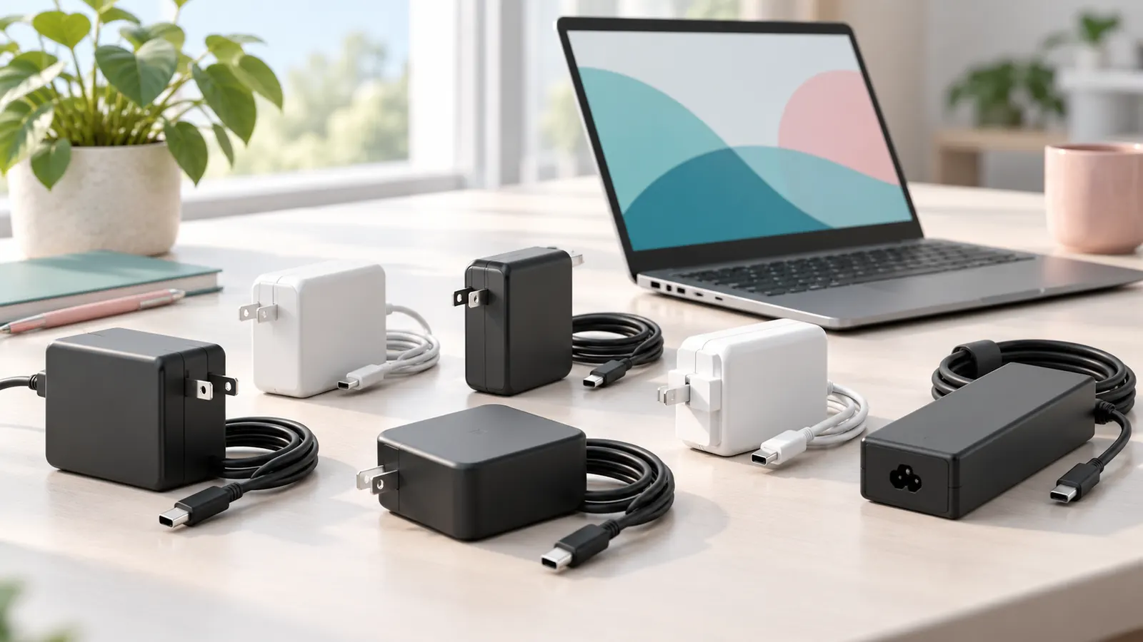 Concept illustration of laptop charging adapters with cables beside an unbranded notebook computer.