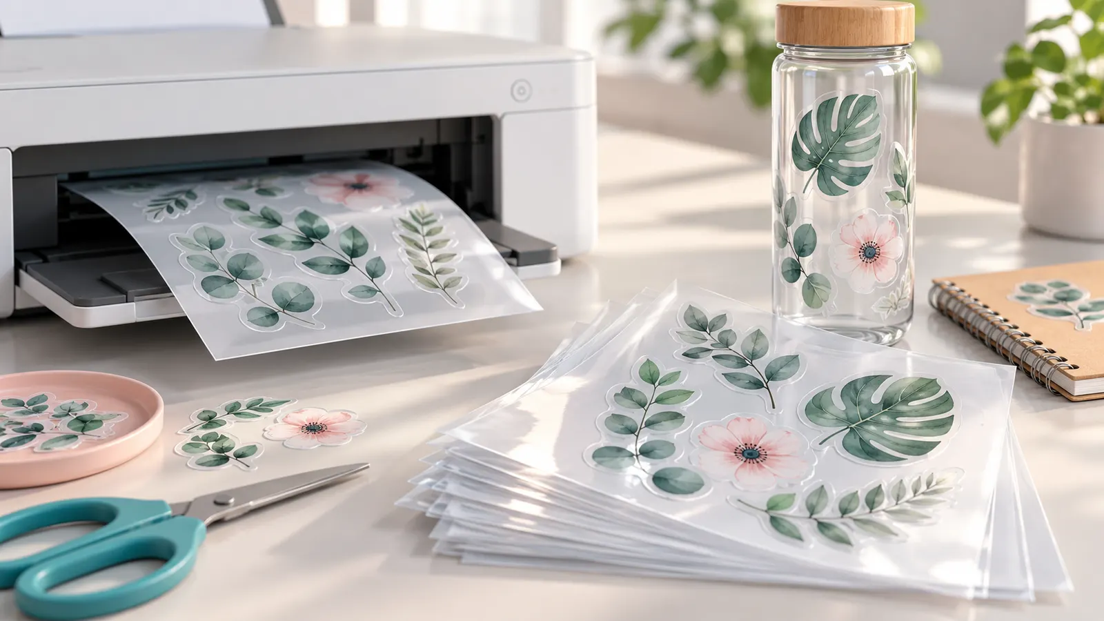 Concept illustration of clear sticker sheets with botanical designs beside a printer and decorated bottle.