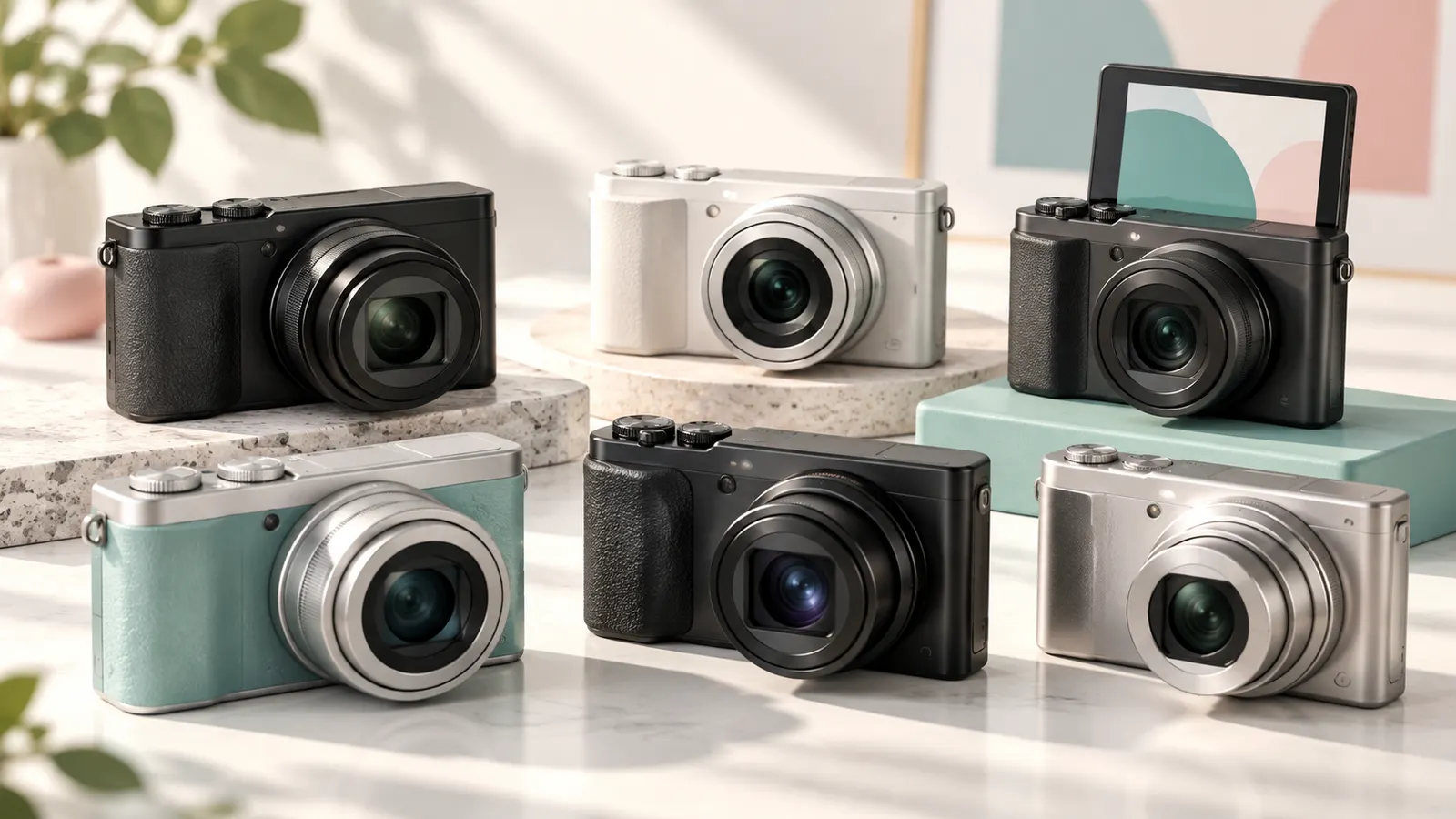 Concept illustration of small unbranded compact digital cameras arranged on a clean tabletop.