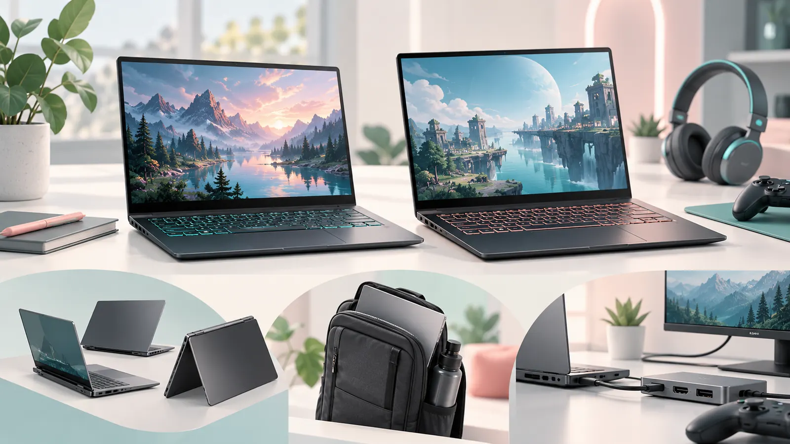 Concept illustration of compact gaming laptops with portable computer forms and a backpack.