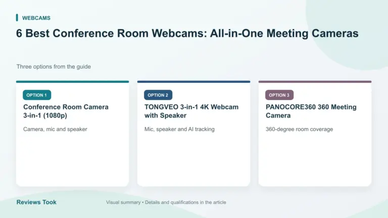 Comparison of three options: Conference Room Camera 3-in-1 (1080p); TONGVEO 3-in-1 4K Webcam with Speaker; PANOCORE360 360 Meeting Camera.