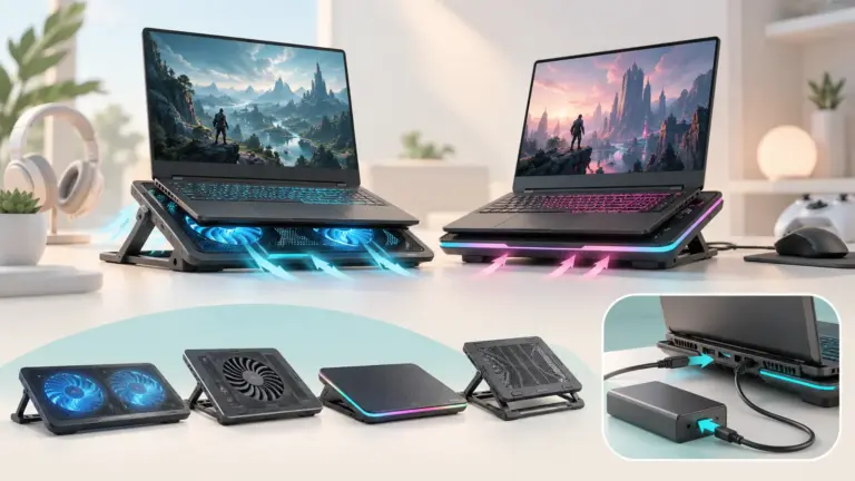 Concept illustration of laptops on ventilated cooling pads with fan and USB connection details.