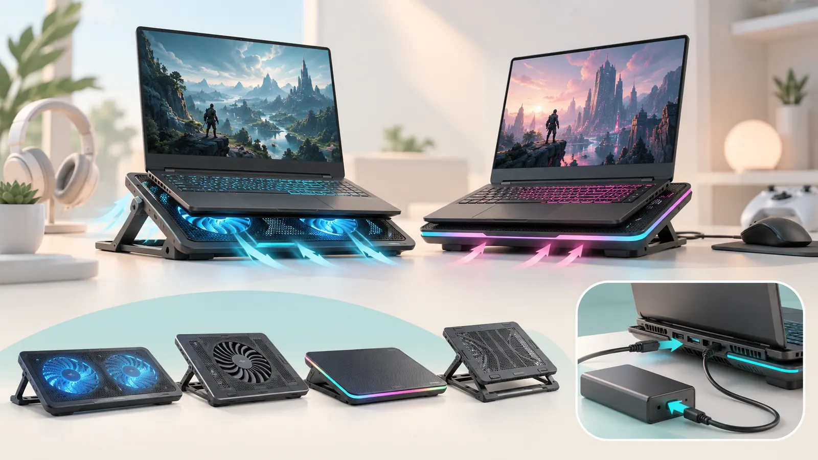 Concept illustration of laptops on ventilated cooling pads with fan and USB connection details.