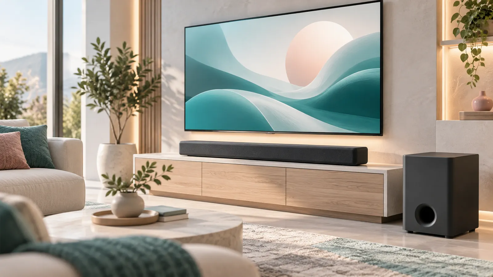 Concept illustration of an unbranded home-theater soundbar and subwoofer.