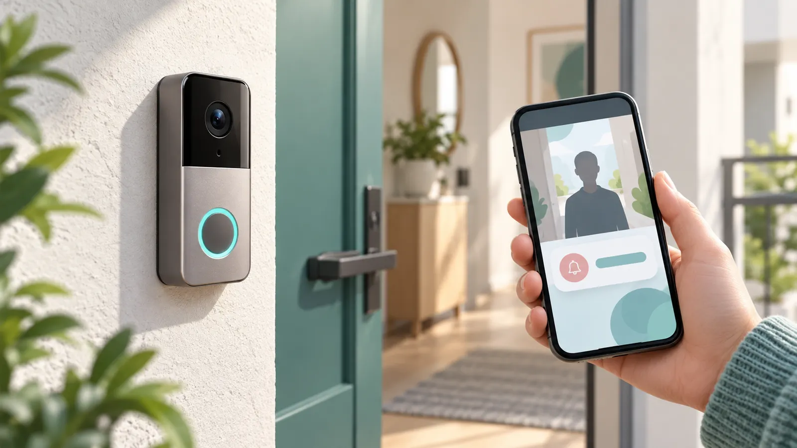 Concept illustration of a video doorbell at an apartment entrance with a smartphone alert.