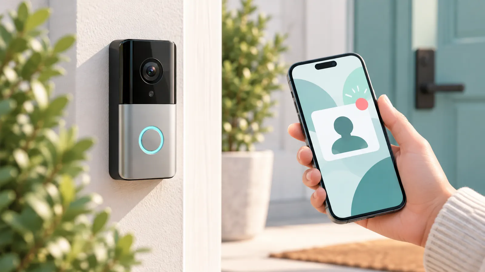Concept illustration of a video doorbell with a visitor notification on a smartphone.